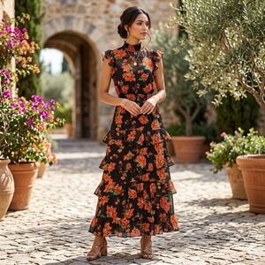 Rachel Roy Black Maxi Dress with Orange Floral Print